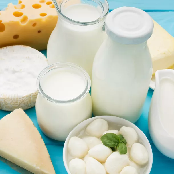 Bio-Milch und Bio-Käse auf blauem Tisch