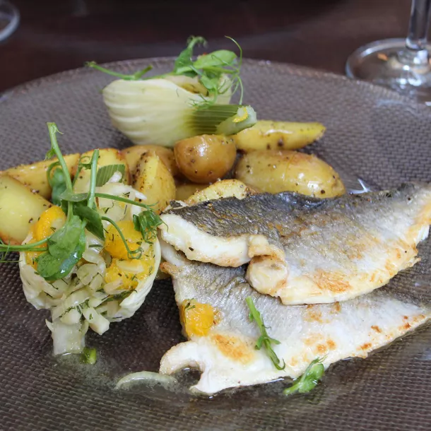 Fischfilet mit Kartoffeln und Salat auf grauem Teller