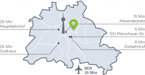  Karte von Berlin mit Einzeichnungen zu Anfahrtsmöglichkeiten