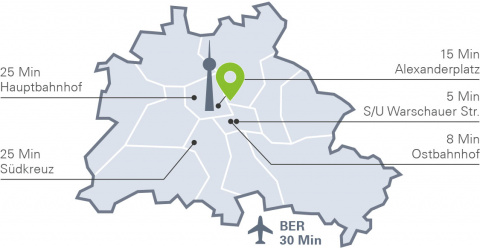 Karte von Berlin mit Einzeichnungen zu Anfahrtsmöglichkeiten