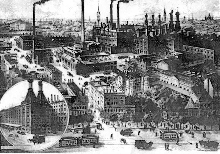 Schwarz-Weiß-Abbildung eines großen Industriegeländes.