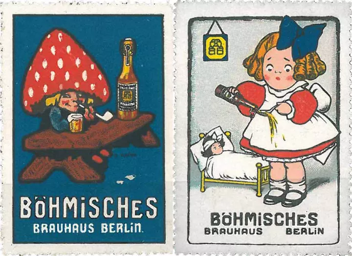 Zwei Briefmarken nebeneinander, auf der einen ist ein Fliegenpilz und auf der anderen ein kleines Mädchen