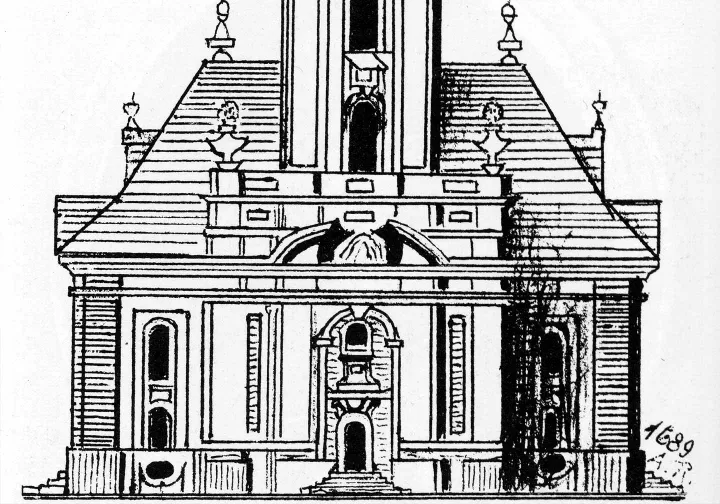 Black and white drawing of a church
