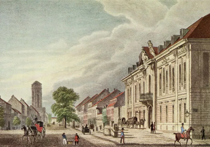 Drawing of a large avenue with people and horses
