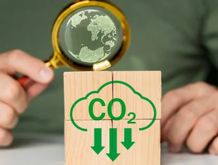 Mann schaut mit Lupe auf Co2 Reduktion 